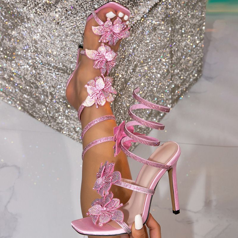Sandale sexy cu toc înalt, în formă de șarpe, cu vârf deschis, cu strasuri și diamante, cu bowknot, în formă de șarpe_voghion.com