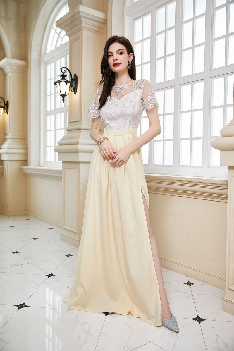 Women's fashion lace short sleeve wedding bridesmaid dress Banquet evening dress_voghion.com