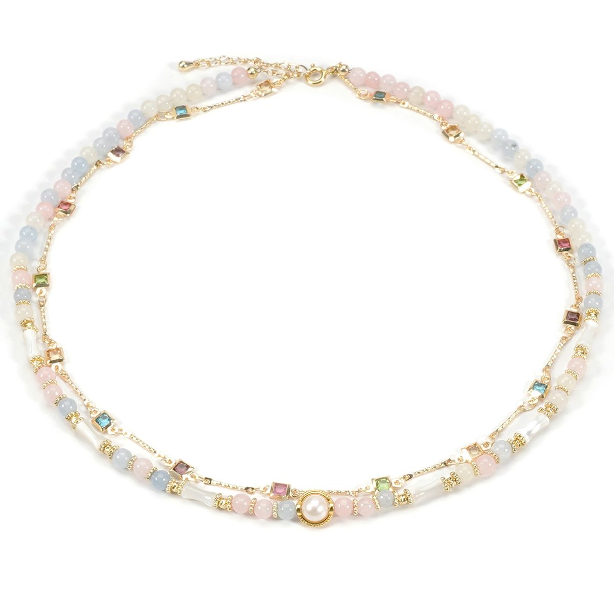 Collana in pietra naturale di colore misto con polvere di conchiglia di perle d'acqua dolce e catena in metallo con zirconio colorato a doppio strato_voghion.com