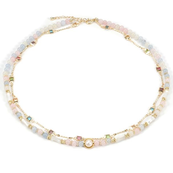 Collana in pietra naturale di colore misto con polvere di conchiglia di perle d'acqua dolce e catena in metallo con zirconio colorato a doppio strato_voghion.com