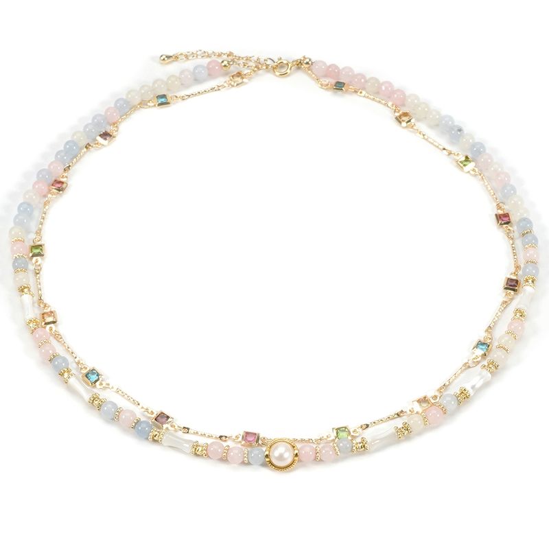 Édesvízi Pearl Shell por vegyes színű természetes kő nyaklánc kétrétegű színes cirkónium fém lánc_voghion.com