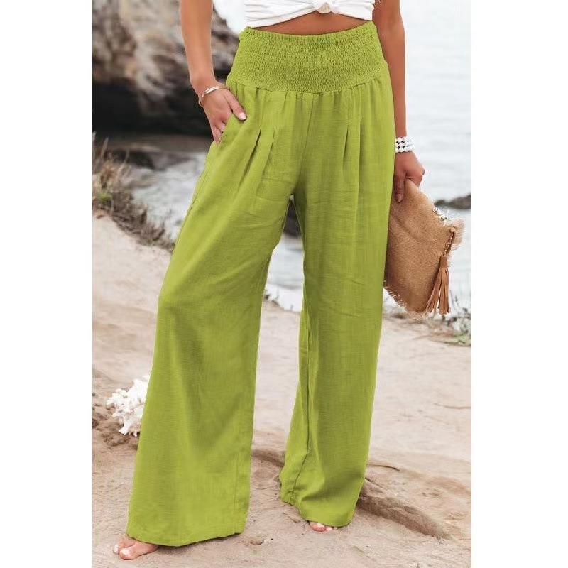 Women's clothing spring and summer women's clothing cotton and linen solid color elastic waist wide-leg pants casual pants trousers for women_voghion.com