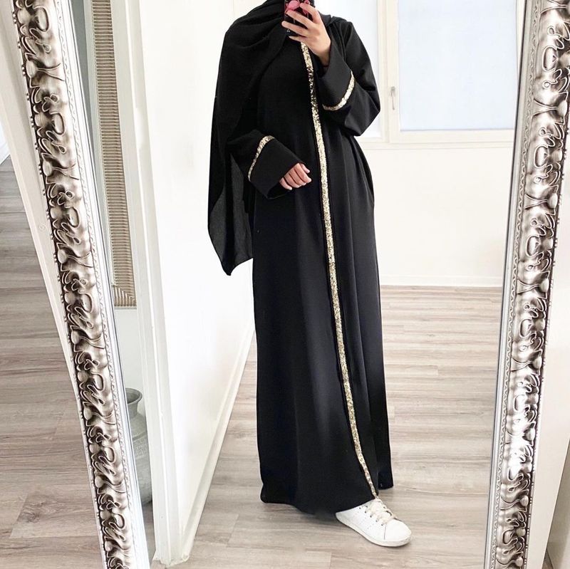 Damen-Robenkleid mit Nahtbesatz und Paillettenbesatz, muslimische Abaya_voghion.com