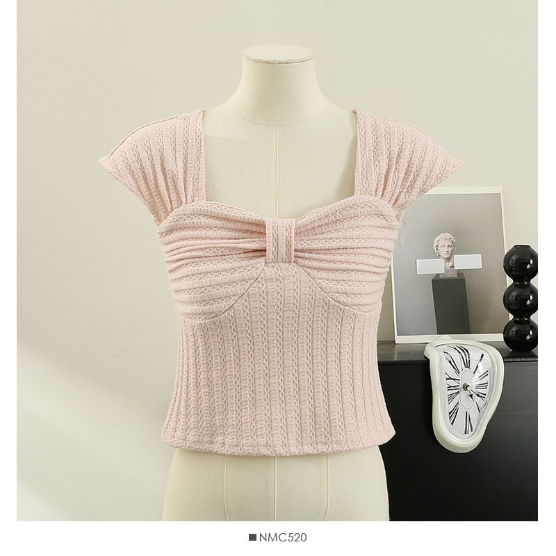 Women's Clothing Sexy One Shoulder Short Sleeve T Shirt Bow Slim Fit Short Top_voghion.com