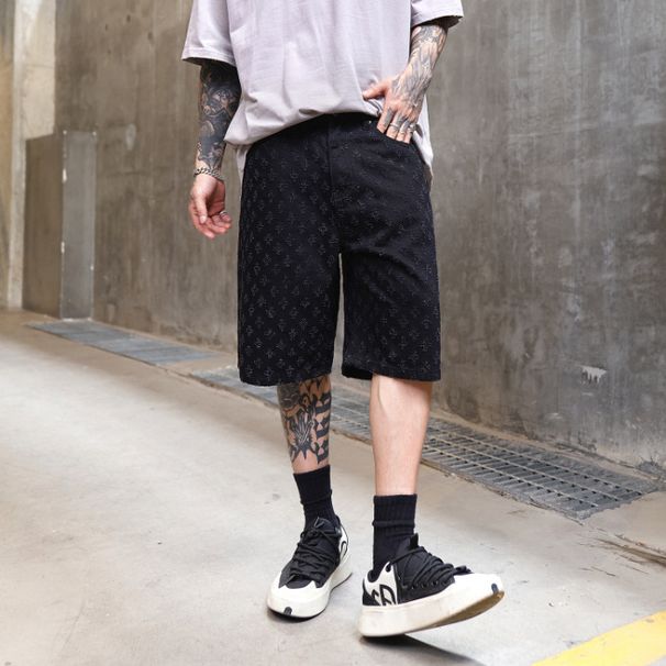 Herrenbekleidung High Street Washed Denim Herrenshorts Lässige Ankola Multi Color Jeans Herren Lose mittellange Hosen auf Lager_voghion.com