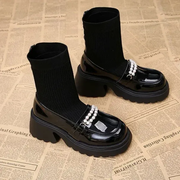 Platform Knitted Womens Snow Boots High Heels Beaded Leather Ankle Shoes 2025 Trend Winter Pump Wearing Socks Botas_voghion.com