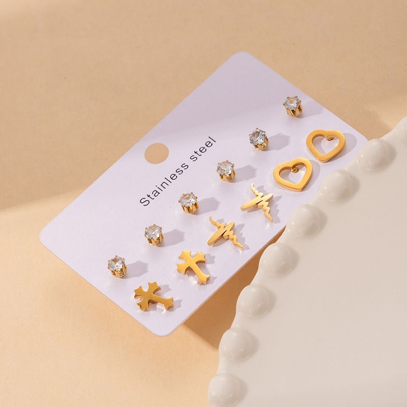 1 set di orecchini a bottone in acciaio al titanio con zircone a forma di cuore geometrico semplice stile farfalla placcatura irregolare_voghion.com
