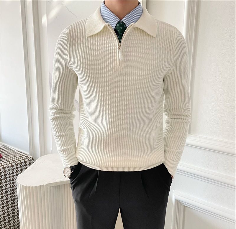 Long sleeved new half zip polo collar knitted sweater with a waffle top made of slim fit solid color yarn top_voghion.com