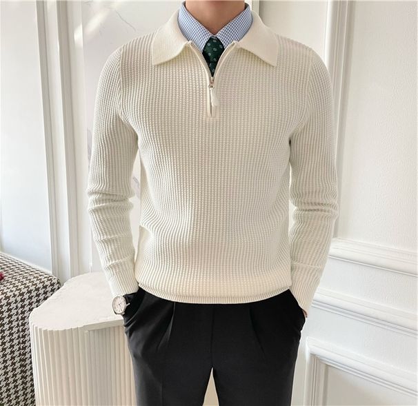 Long sleeved new half zip polo collar knitted sweater with a waffle top made of slim fit solid color yarn top_voghion.com