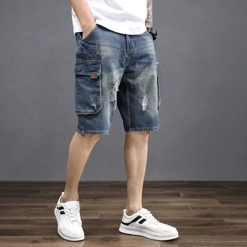 Short cargo d'été en jean pour homme, multi-poches, cinq points, ample, tendance, polyvalent, décontracté, mi-long_voghion.com