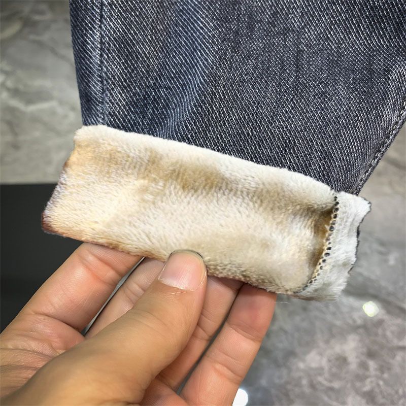High End Denim For Men In Winter 2025, Thickened And Plush Loose Fit, Printed Casual Elastic Men's Pants_voghion.com