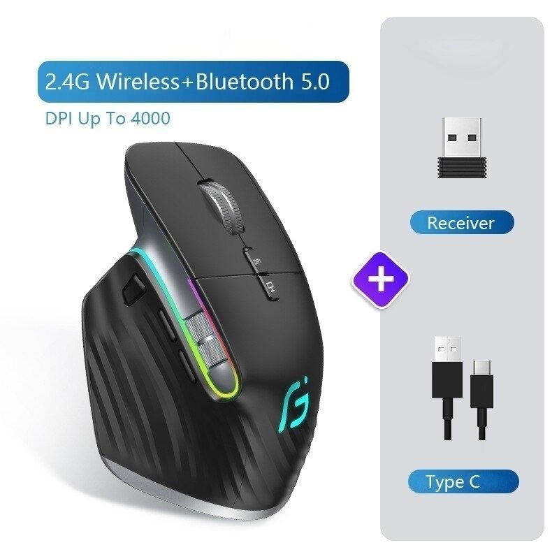 Souris de jeu ergonomique sans fil Bluetooth + 2,4 GHz, rechargeable, 12 couleurs, LED RVB, pour ordinateur portable et iPad_voghion.com
