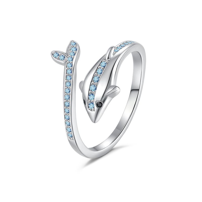 Trendy Versatile Elegant Blue Dolphin Open With Zirconia Adjustable Ring For Women_voghion.com