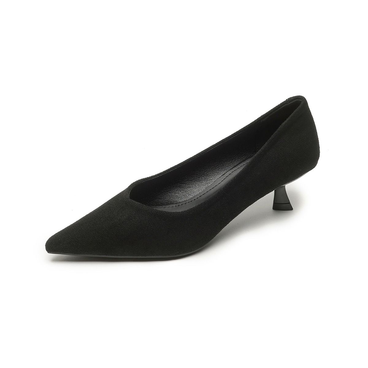 Suede Pointed Single Shoes Women's Stiletto Black Commuter Work Shoes Cat Heel Shallow High Heels_voghion.com