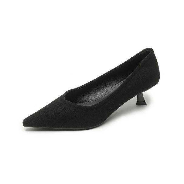 Suede Pointed Single Shoes Women's Stiletto Black Commuter Work Shoes Cat Heel Shallow High Heels_voghion.com