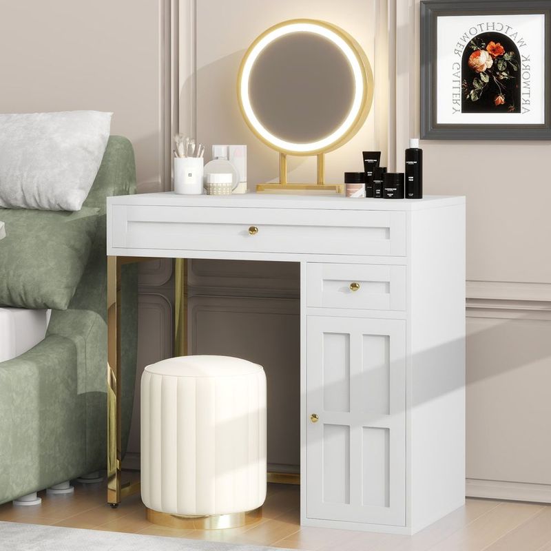 31.5'' Makeup Vanity Desk With Lighted Mirror, Luxury Dressing Table With 2 Drawers And 1 Cabinet, 3 Lighting Modes Available For Bedroom, White-Gol_voghion.com