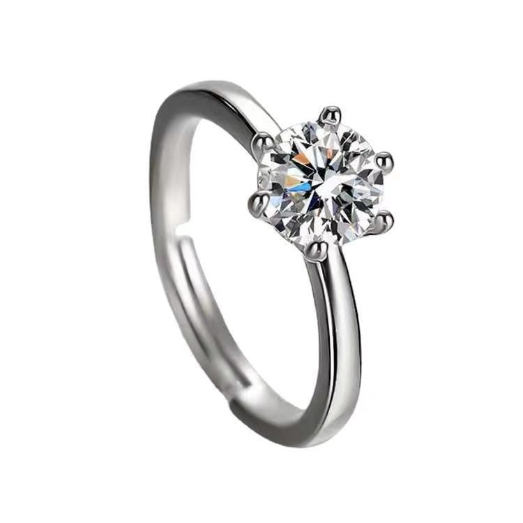 Thai Silver Moissanite Diamond Ring For Women Simulated One Carat Open Adjustable Engraved Fashionable Unique Niche_voghion.com