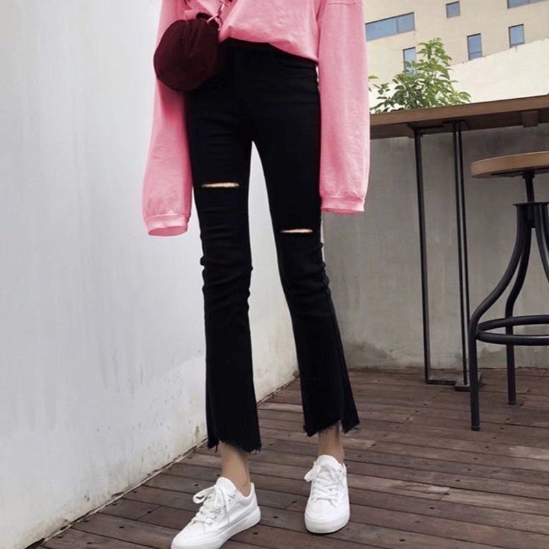 Jeans strappati a vita alta a nove punti per studenti coreani, taglie forti, modello svasato, per donne, dimagranti irregolari autunnali_voghion.com