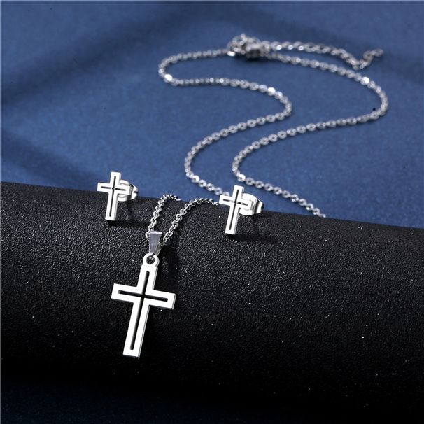 Titanium stalen ketting voor vrouwen, holle trui ketting, koude stijl kruis oorbellen, choker set, hiphop accessoires_voghion.com