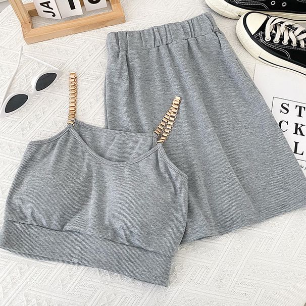 Set due pezzi con canotta corta a catena sexy da donna, gonna aderente a vita alta e gonna a vita alta_voghion.com