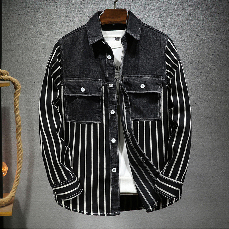 Giacca camicia casual da uomo transfrontaliera 2023 nuova camicia in denim patchwork a righe moda uomo primavera e autunno per uomo_voghion.com