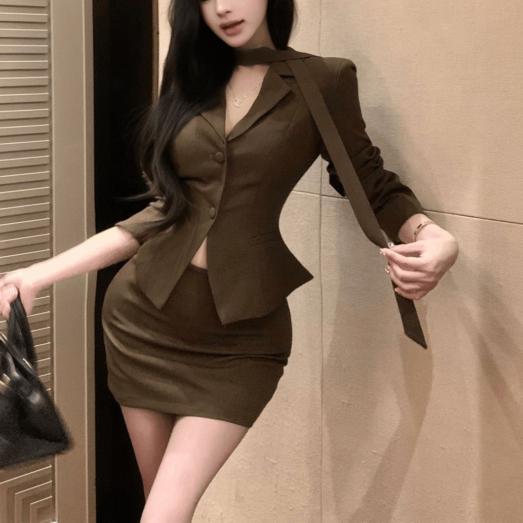 Elegante blazer di alta gamma con gonna attillata e maniche lunghe per donna, set due pezzi primaverile e autunnale_voghion.com