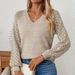 Eleganter, einfarbiger Strickpullover für Damen mit Häkeldetails, lange Ärmel, lockerer Schnitt, V-Ausschnitt, lange Ärmel_voghion.com