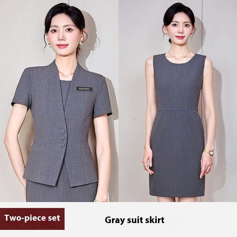 Grey Short Sleeved Suit Dress Set, Women's Summer Temperament, Hotel Front Desk Manager, Jewelry Store Guide_voghion.com