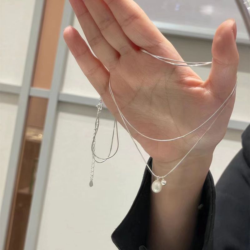Collana di perle a doppio strato in argento puro S per donna con un design di nicchia, temperamento di alta gamma, personalità,_voghion.com