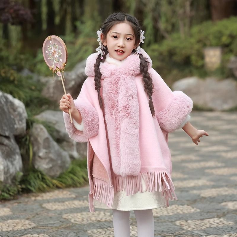 Children's hooded and fleece thickened cape shawl mid-length loose woolen girl's cape coat_voghion.com