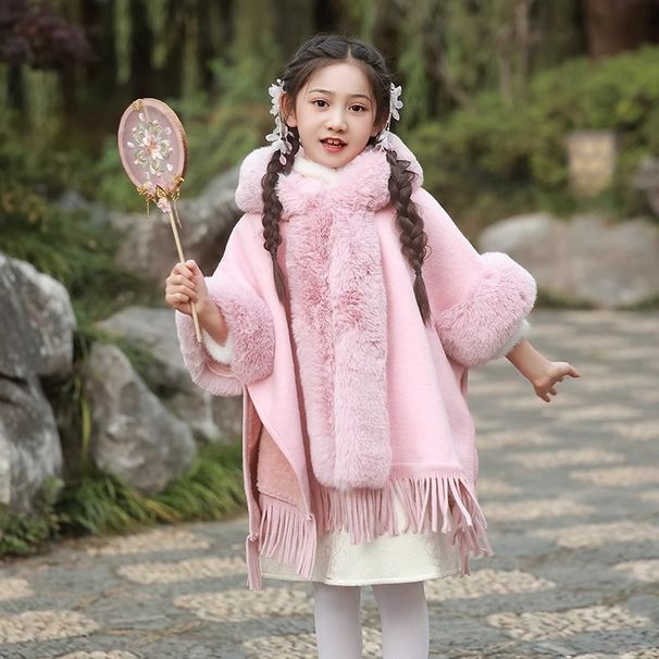 Children's hooded and fleece thickened cape shawl mid-length loose woolen girl's cape coat_voghion.com