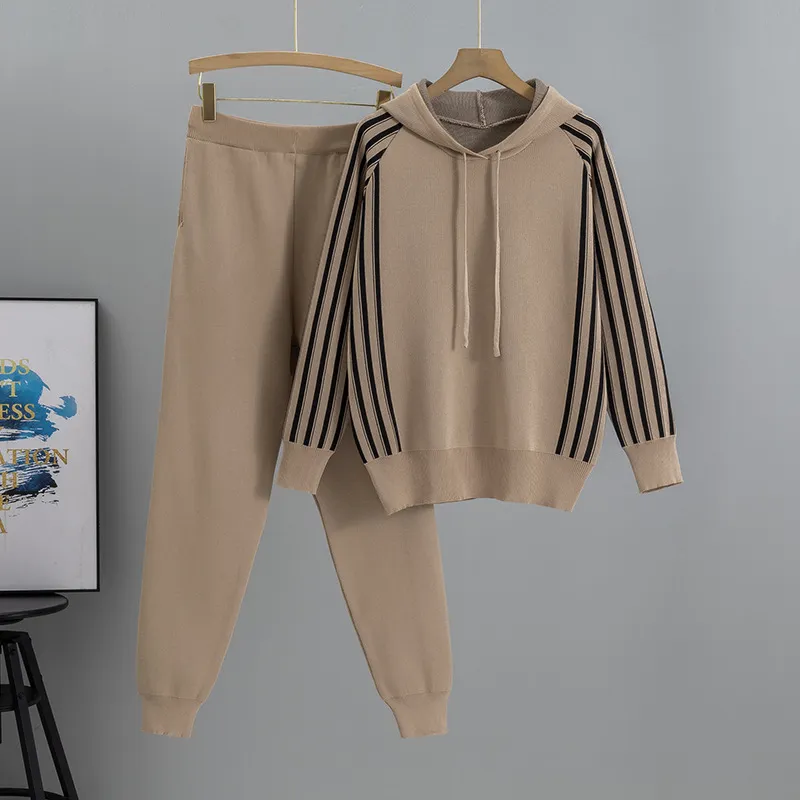 Women's Clothing Age Reducing Knitted Sweater Suit Women's Autumn Hooded Sweater High Waist Trousers Two Piece Suit_voghion.com