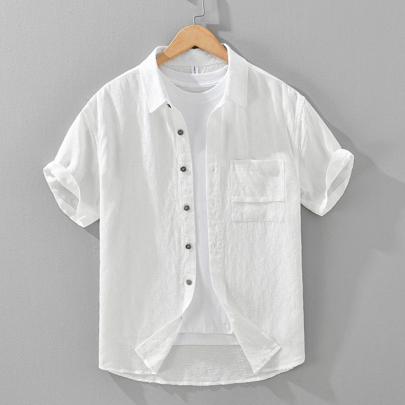 Summer Fresh Jacquard Plaid Lyocell Short Sleeved Shirt For Men, Artistic And Casual Loose Top Trend_voghion.com