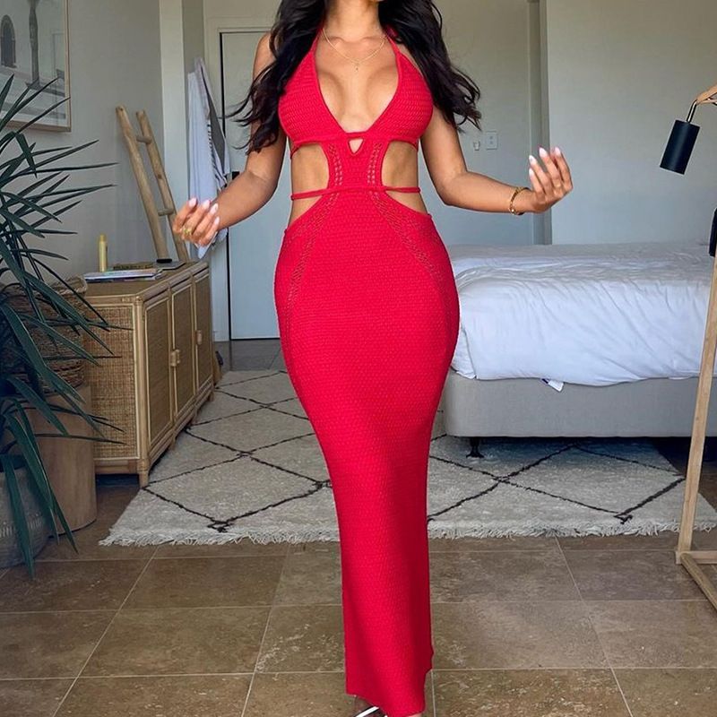 Women's Clothing Sexy Waist Baring Halter Neck Strap Low Neck Large Backless Long Beach Dress_voghion.com