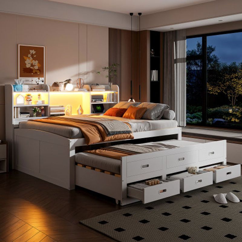 Schlafsofa, Daybett, Led-fernbedienung, Chubladen, Nachttischablage, Multifunktionales Ausziehbares Bett Mit Usb+type-c, Ohne Matratze, Weiß_voghion.com