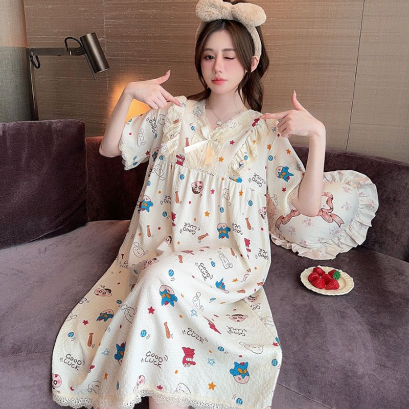 Bubble cotton pajamas for women in summer, sweet princess style short sleeved, medium length, loose fitting nightgown,_voghion.com