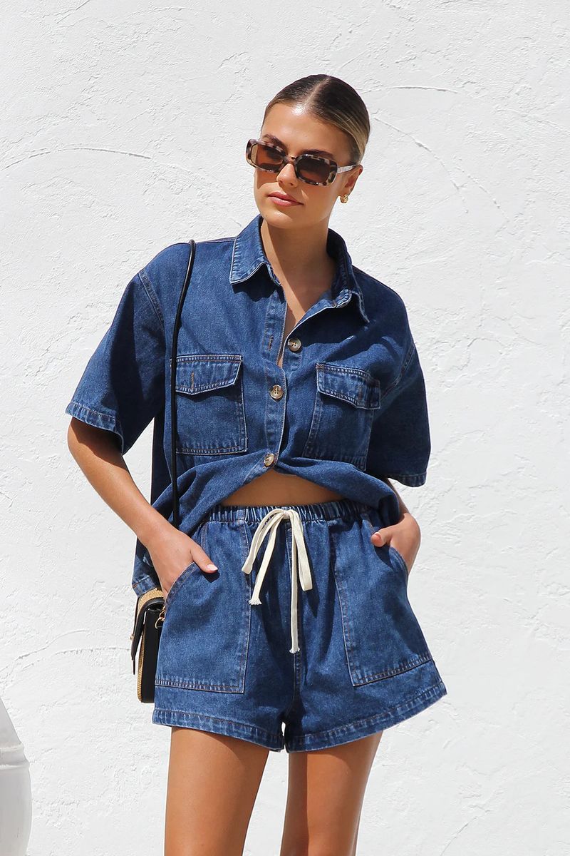 Ubrania damskie Casual Luźna Kieszonka Krótki Rękaw Koszula Denim Dwuczęściowy Garnitur_voghion.com