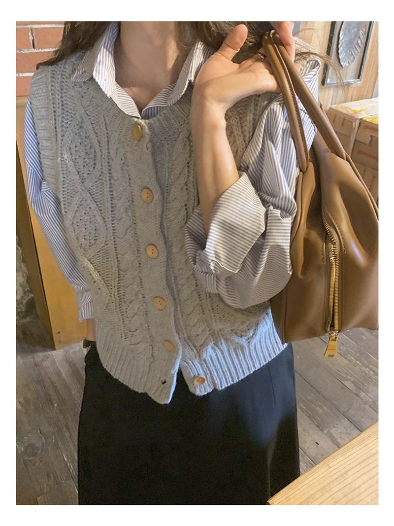 [Costume deux pièces] Gilet sans manches tricoté Fried Dough Twists pour femme au début de l'automne, cardigan ample et fin,_voghion.com