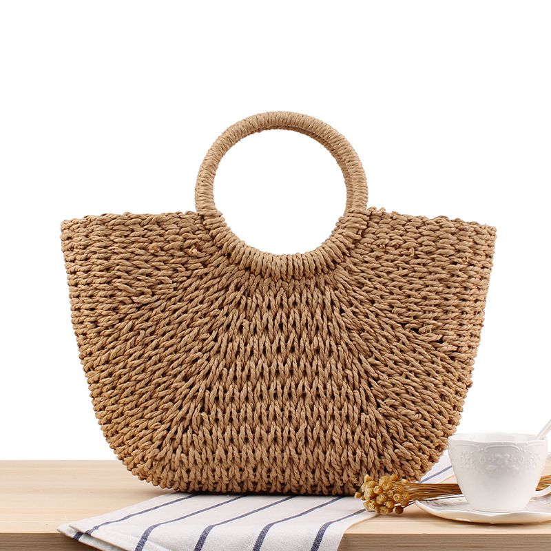 Bolsos de mujer, entrega de una pieza, serie Mori, bolso tejido a mano sencillo, color sólido, bolso informal tejido a mano, foto de playa de verano, tamaño grande_voghion.com