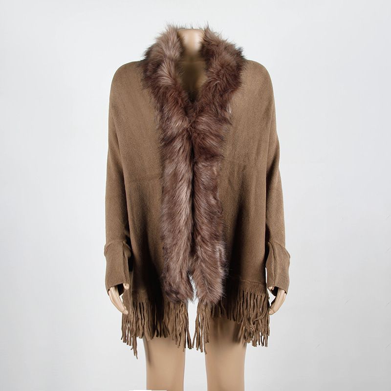 Abbigliamento da donna mantello con nappe, scialle, collo in pelliccia, mantello, maglione lavorato a maglia, tinta unita_voghion.com