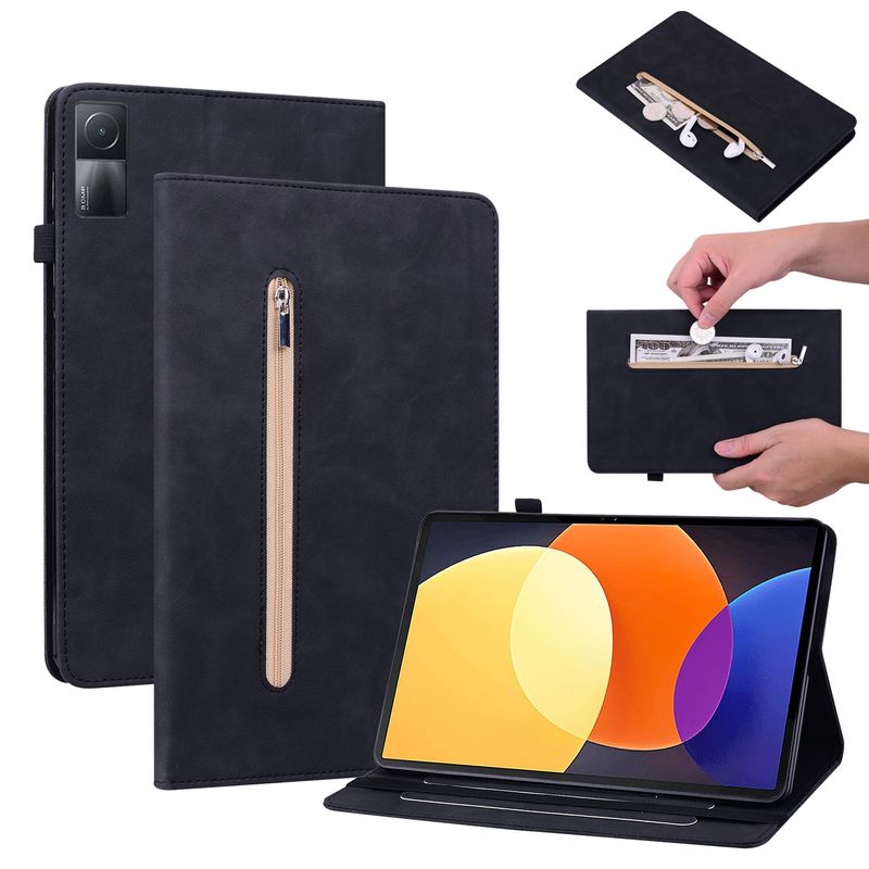 Capa de couro com zíper para tablet Xiaomi Redmi Pad 5G Skin Feel Solid Color (preta)_voghion.com