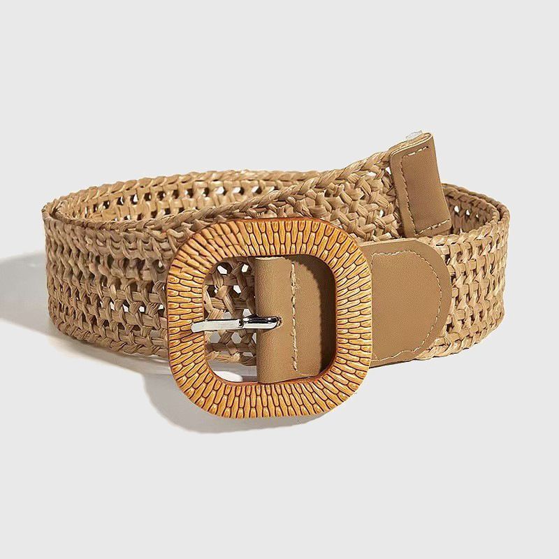 Women's Belts Hot Selling Hot Selling Women's Wooden Buckle Elastic Pp Grass Belt_voghion.com