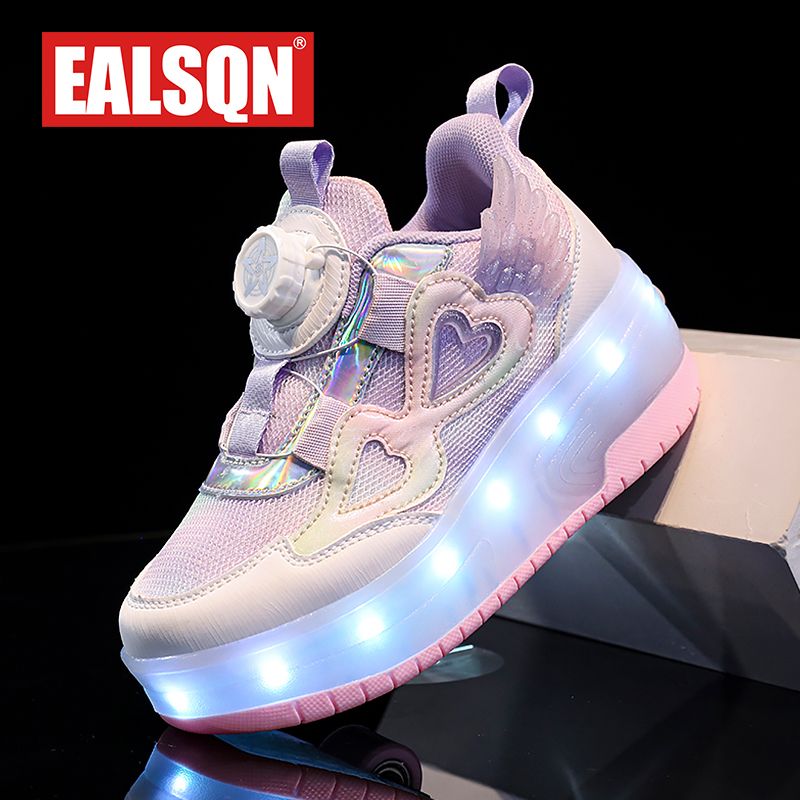 Zapatillas de deporte luminosas con ruedas para niñas de dos años con tacones y luz rosa, patines con luces LED para niños y carga USB_voghion.com