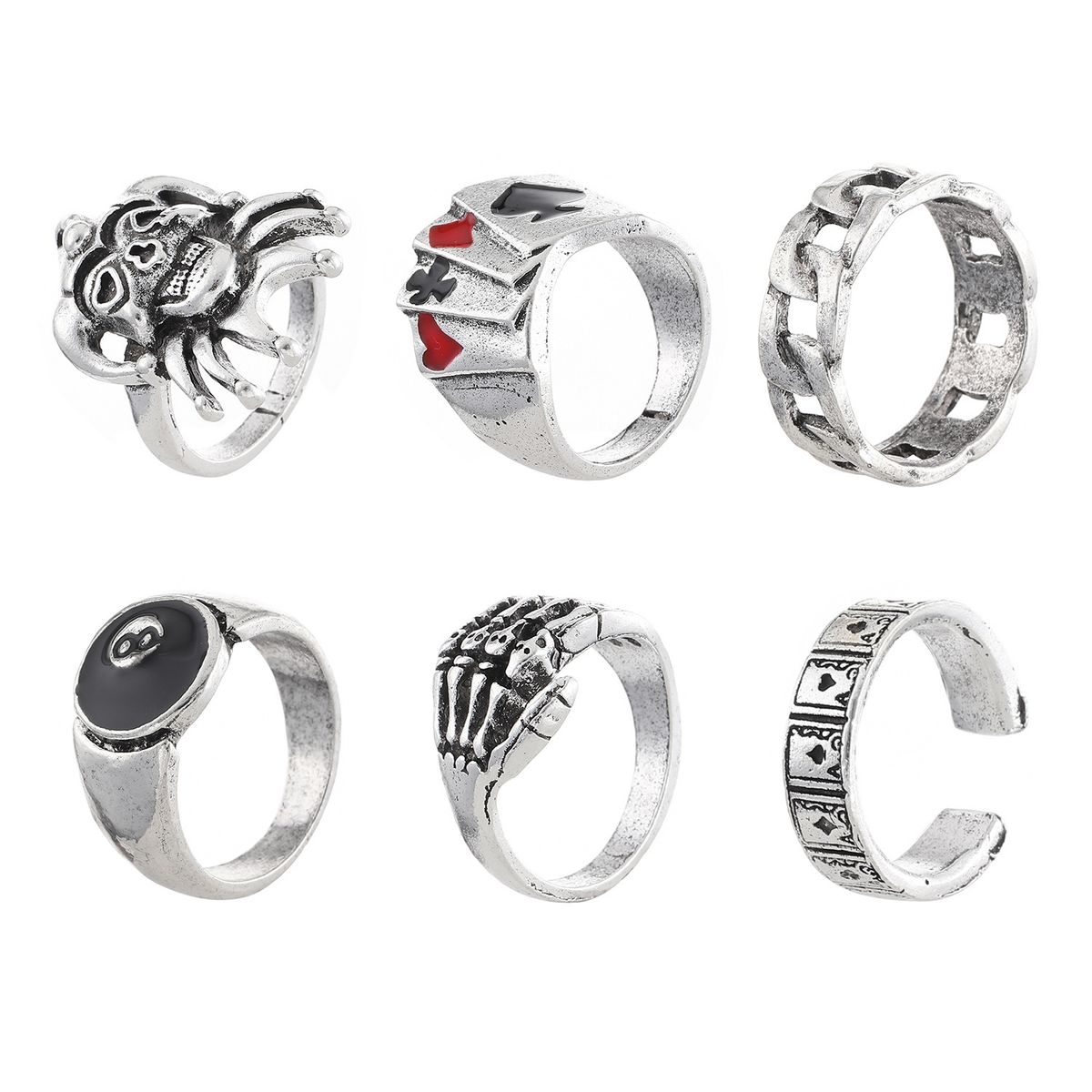 New Personality For Men, Ins Punk Skull Head Ghost Claw Number 8 Poker 6-Piece Set Index Finger Ring_voghion.com
