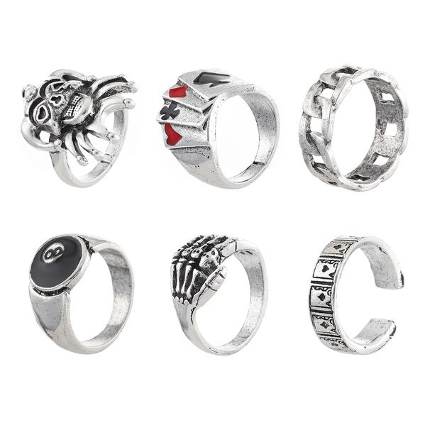New Personality For Men, Ins Punk Skull Head Ghost Claw Number 8 Poker 6-Piece Set Index Finger Ring_voghion.com