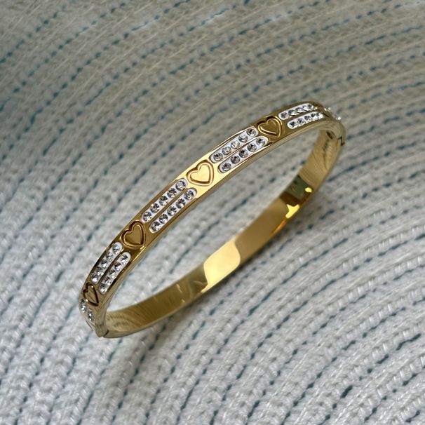 Gioielli da donna - Bracciale rigido in acciaio inossidabile con doppia fila di diamanti e incisioni a forma di cuore e fiori, bracciale rigido scintillante con diamanti, impermeabile_voghion.com