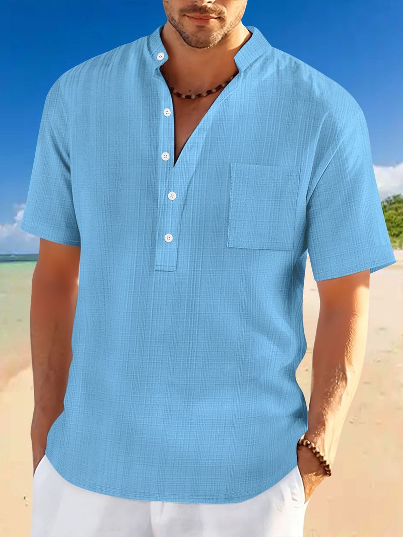 Maglietta Henley casual a maniche corte da uomo – Vestibilità rilassata con dettaglio toppa (bianco/nero/kaki/blu navy/azzurro cielo, S-XXXL)_voghion.com