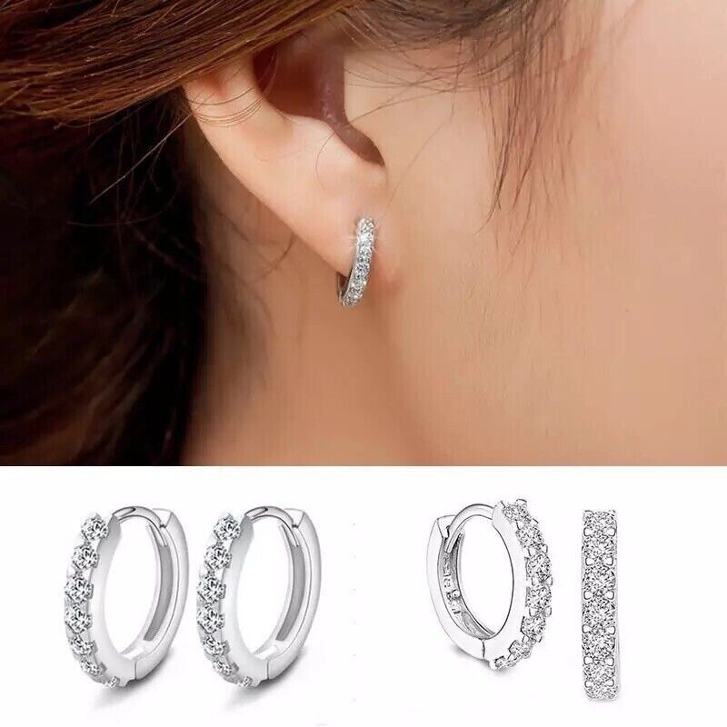 Orecchini a cerchio cubico Huggie Hoop da 12 mm, placcati in argento sterling 925 con zirconi cubici, per uomo e donna, P1_voghion.com