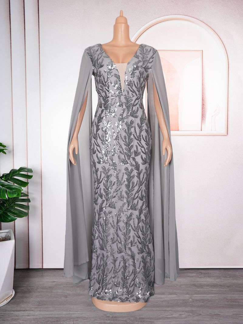 Abito da sera da ballo per donna, gonna lunga, abito da donna taglie forti con scollo a V e paillettes_voghion.com