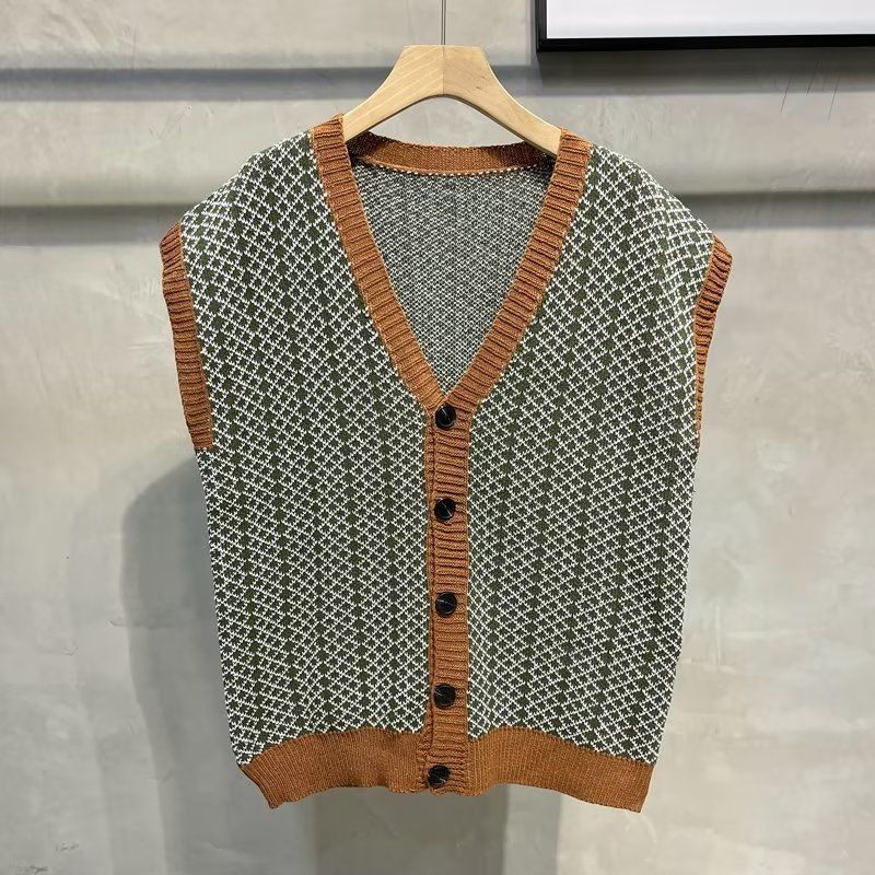 Men's Clothing Retro V neck knitted cardigan for men autumn and winter all match style contrast color loose waistcoat vest sleeveless vest_voghion.com